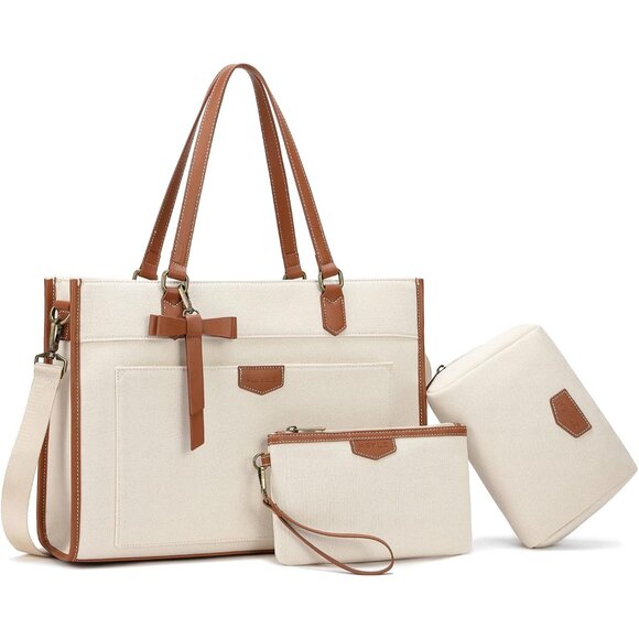 Handbags - Versatile Canvas Laptop Bag for Women - Fits 15.6" Laptop + Makeup Bag Included